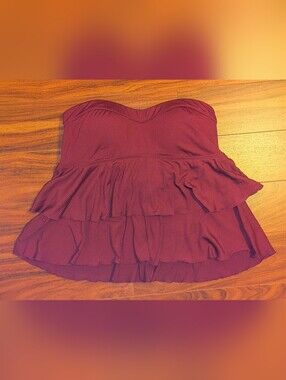 EUC Addition Elle 1X Strapless Bustier Multilayer Ruffled Swimsuit Top Wine Red